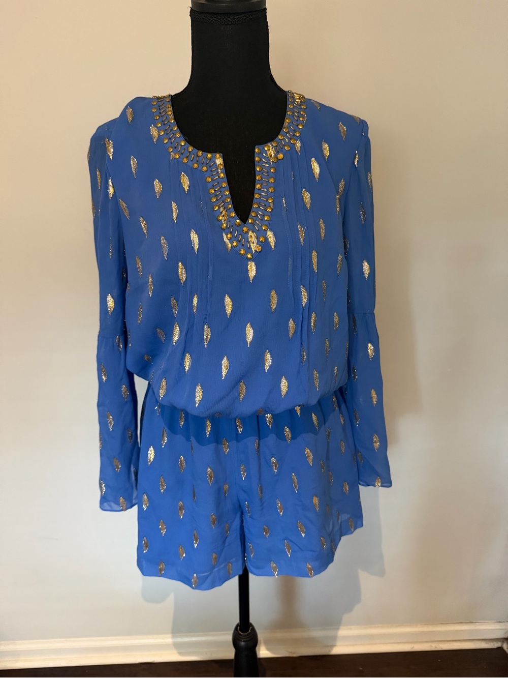 Lilly Pulitzer Ariele Silk Royal Blue Gold-Foil Beaded Romper – Size Medium